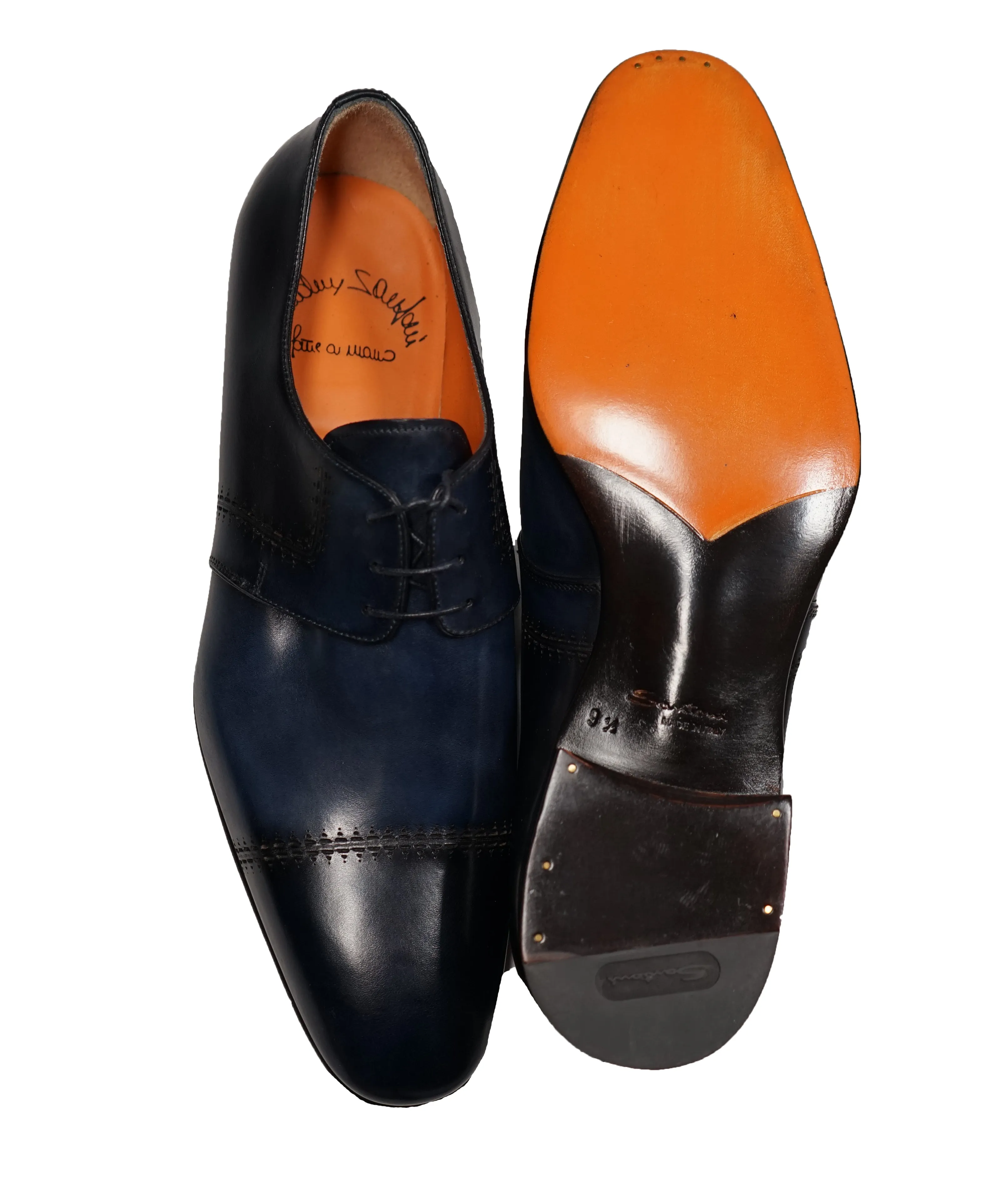 SANTONI - Fatte A Mano Blue & Navy Hand Patina Laser Cut Oxfords - 10.5