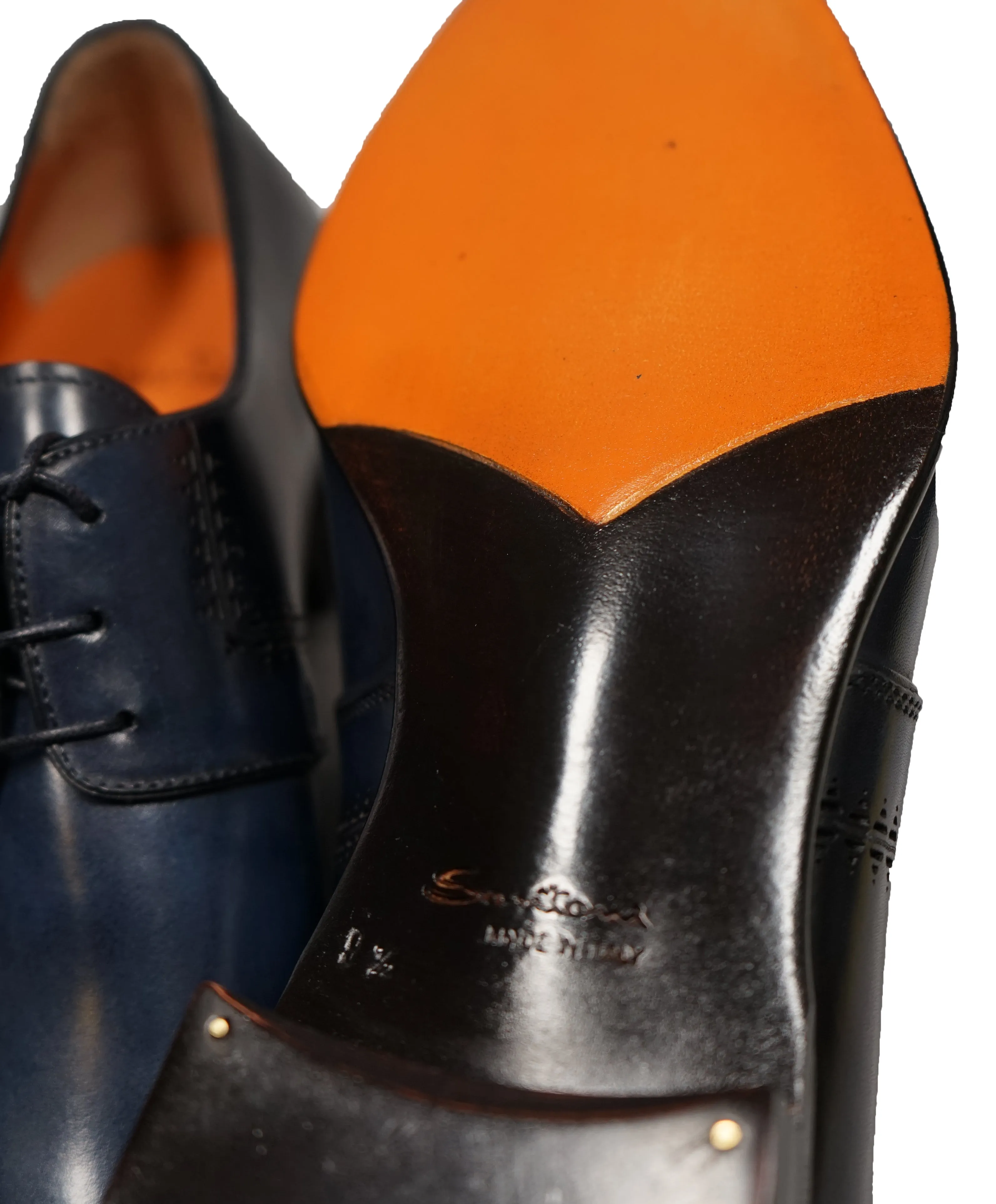 SANTONI - Fatte A Mano Blue & Navy Hand Patina Laser Cut Oxfords - 10.5