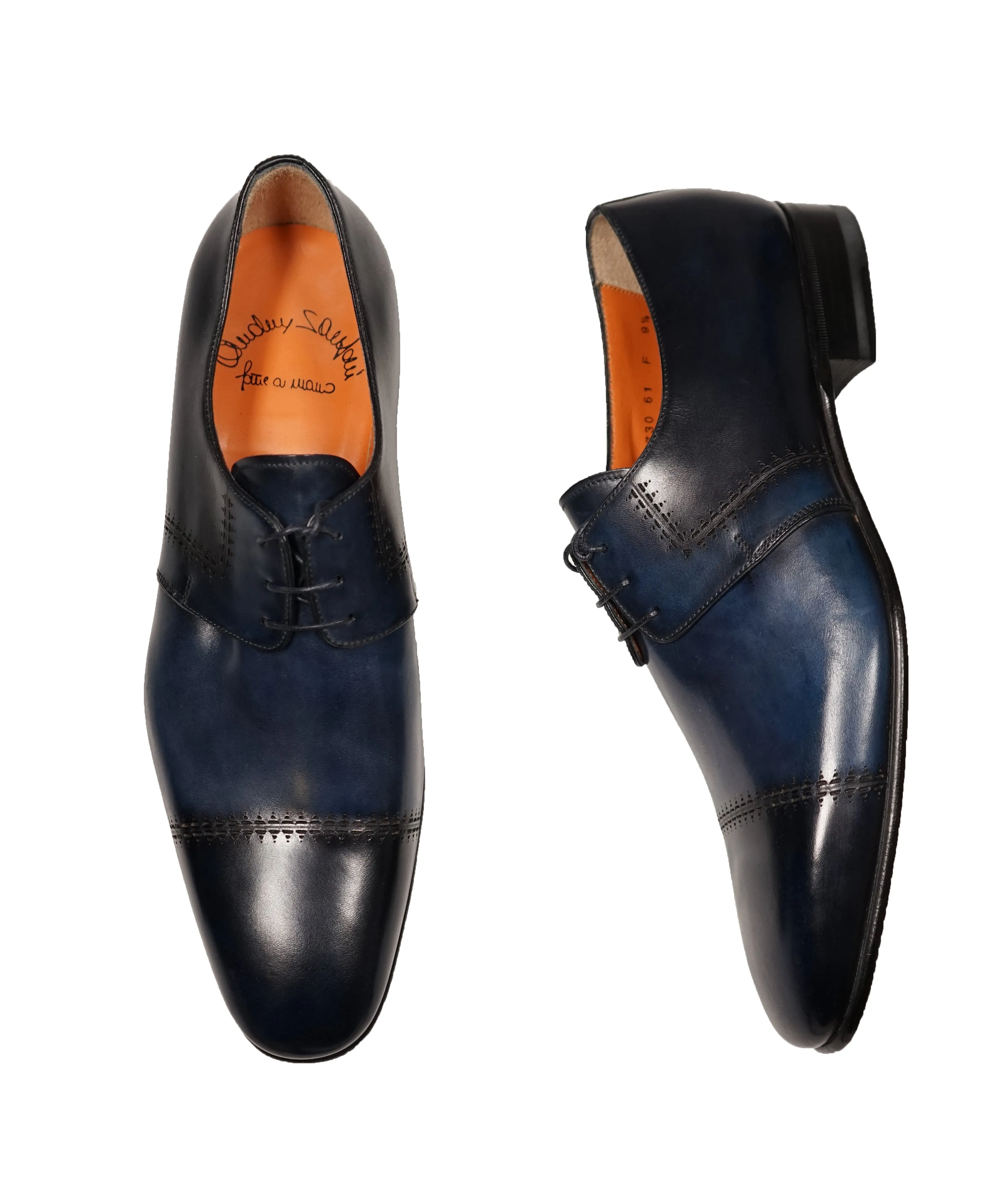 SANTONI - Fatte A Mano Blue & Navy Hand Patina Laser Cut Oxfords - 10.5