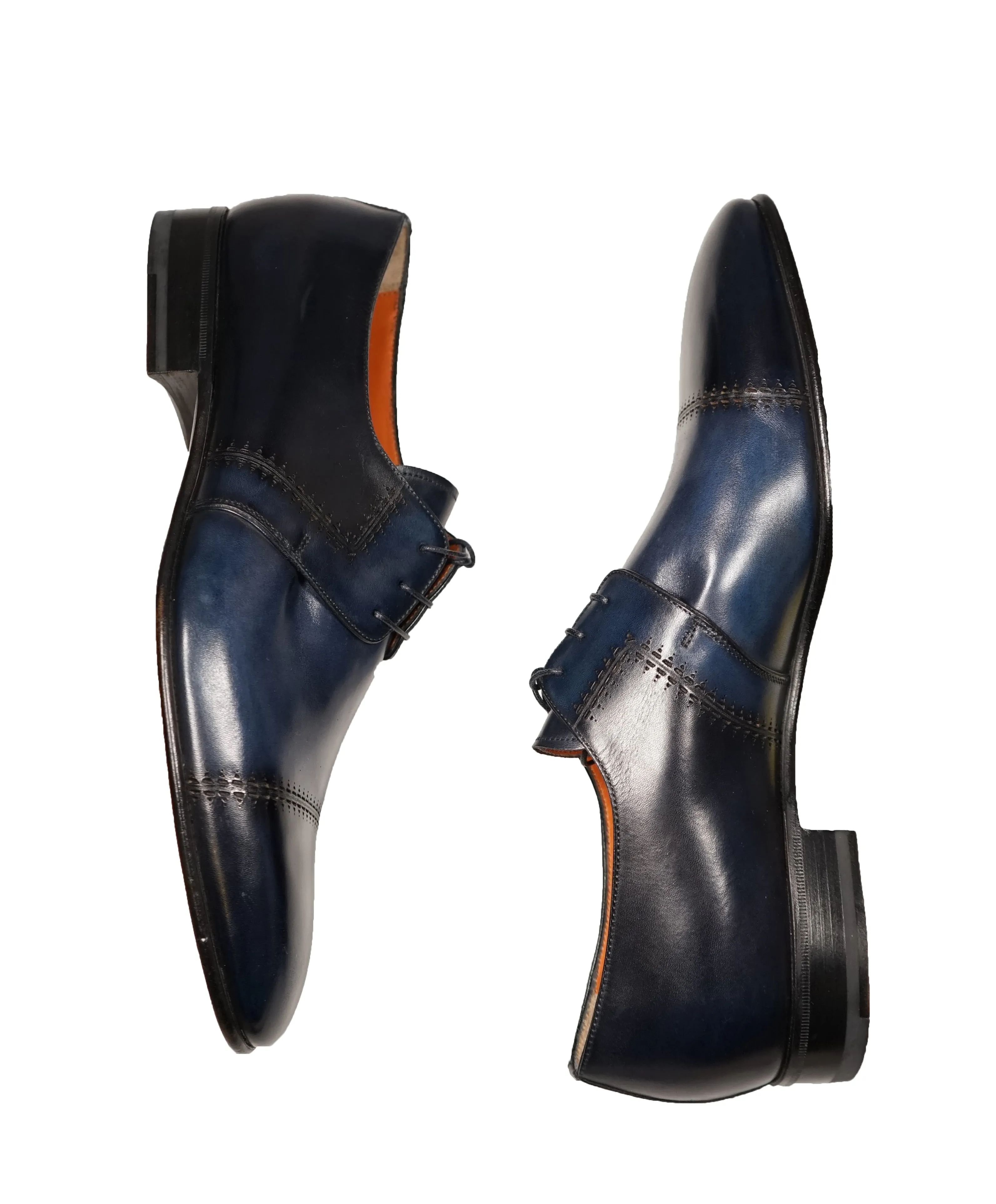 SANTONI - Fatte A Mano Blue & Navy Hand Patina Laser Cut Oxfords - 10.5