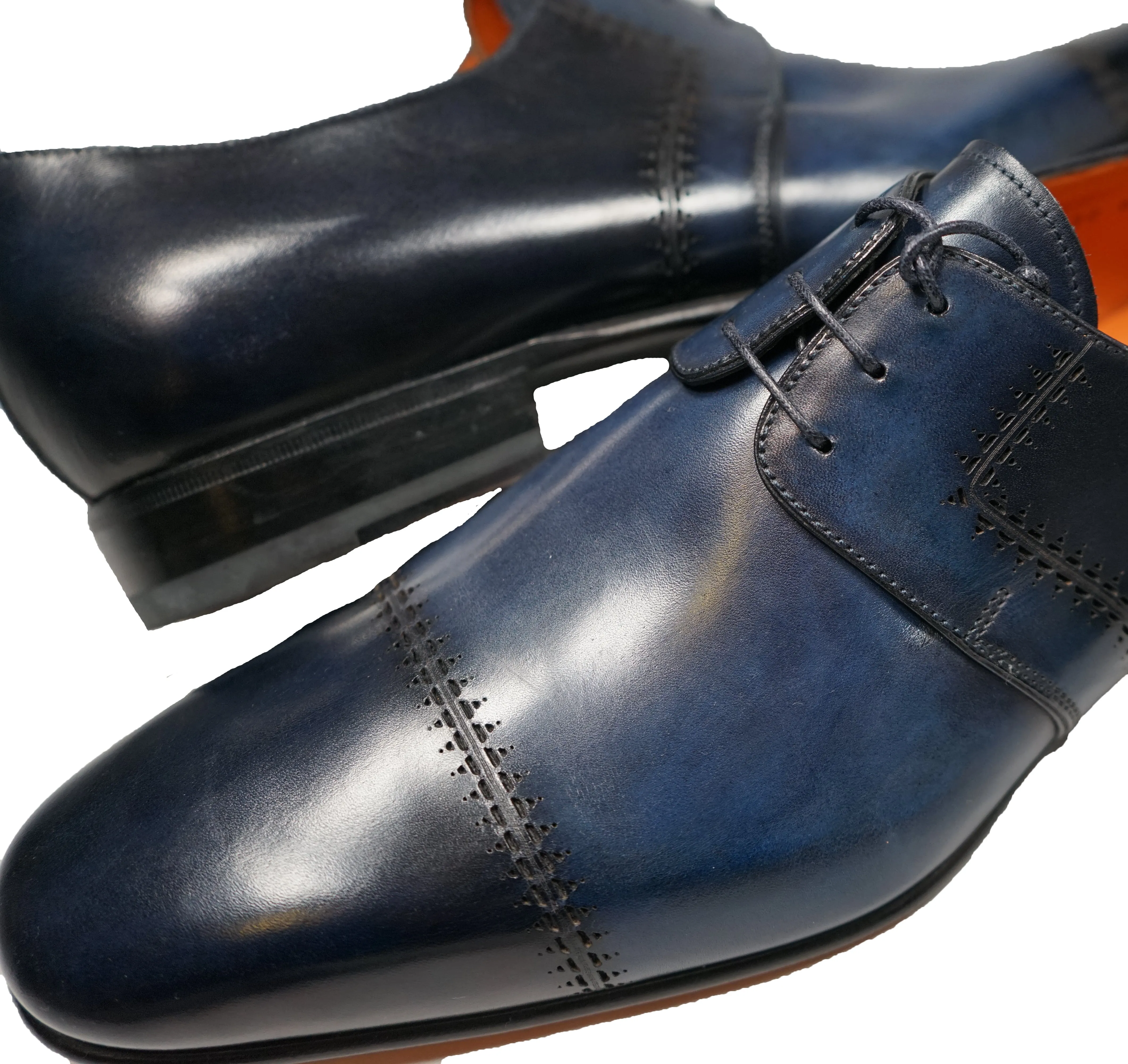 SANTONI - Fatte A Mano Blue & Navy Hand Patina Laser Cut Oxfords - 10.5