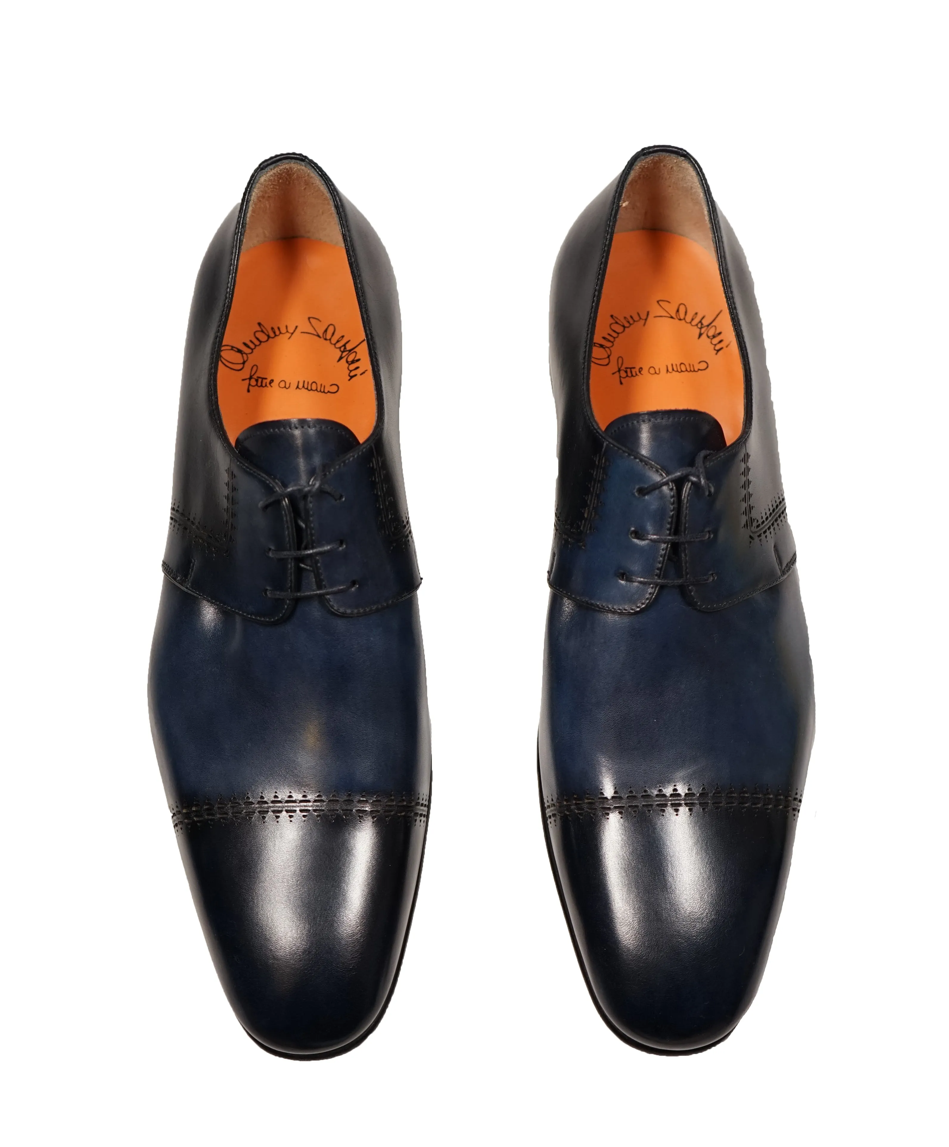 SANTONI - Fatte A Mano Blue & Navy Hand Patina Laser Cut Oxfords - 10.5