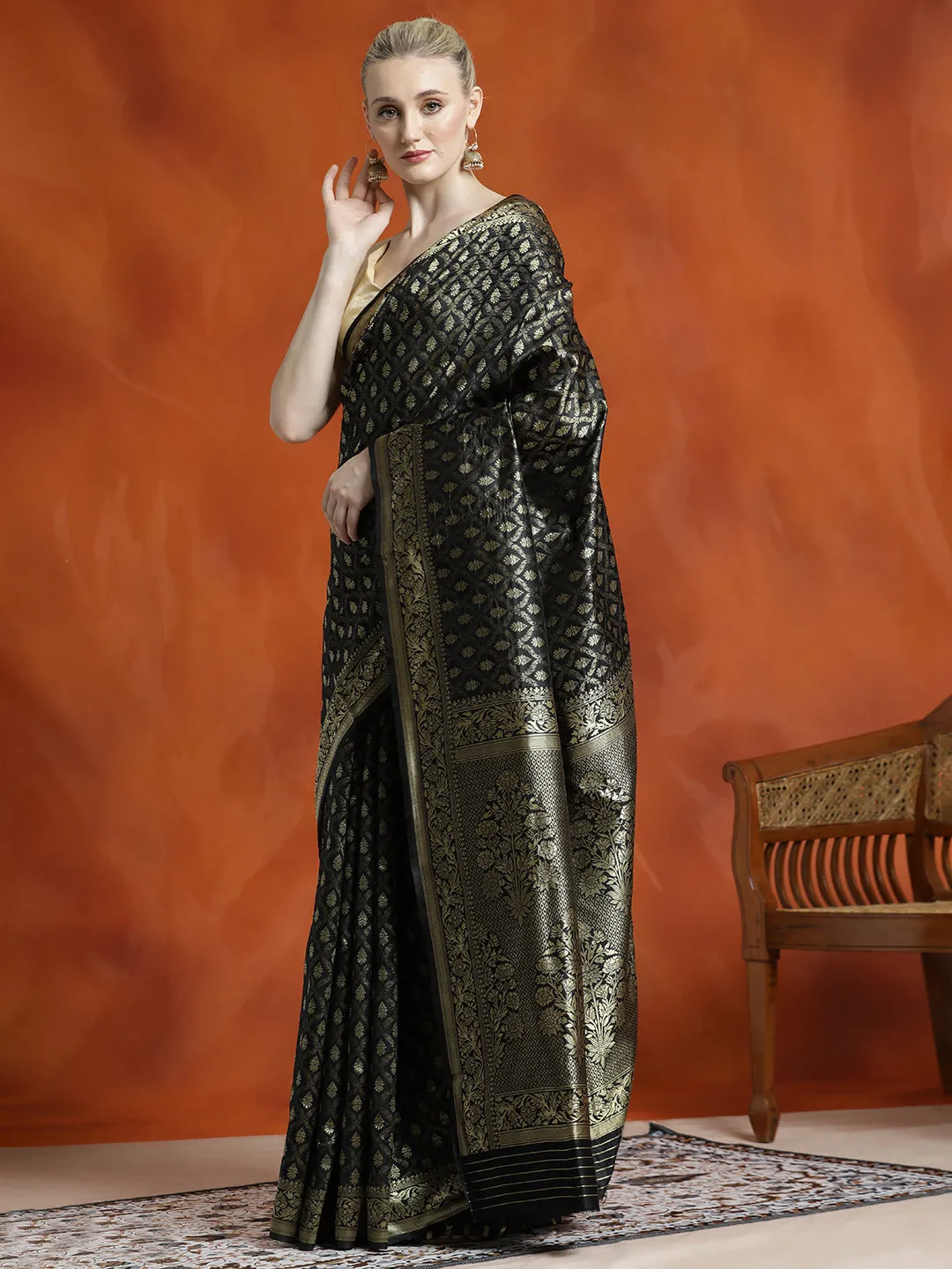 Silk Banarasi Zari Woven Party Wear Black Saree