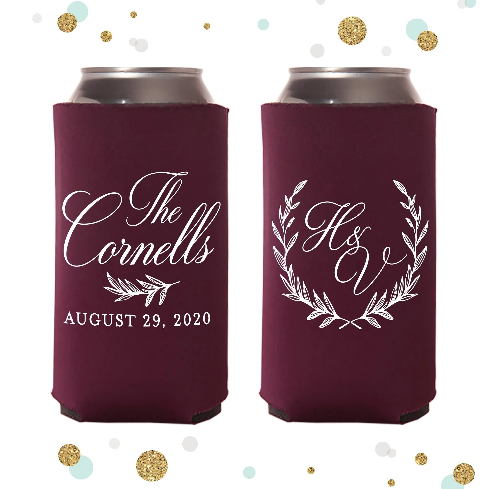 Slim 12oz Wedding Can Cooler #108S - Monogram Wreath