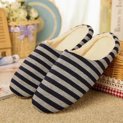 Slippers Men Women Indoor Pantufas Winter Cotton Striped Slipper Home Shoes Soft Floor Household Female/male Plush Chinelos