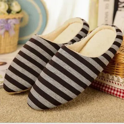 Slippers Men Women Indoor Pantufas Winter Cotton Striped Slipper Home Shoes Soft Floor Household Female/male Plush Chinelos