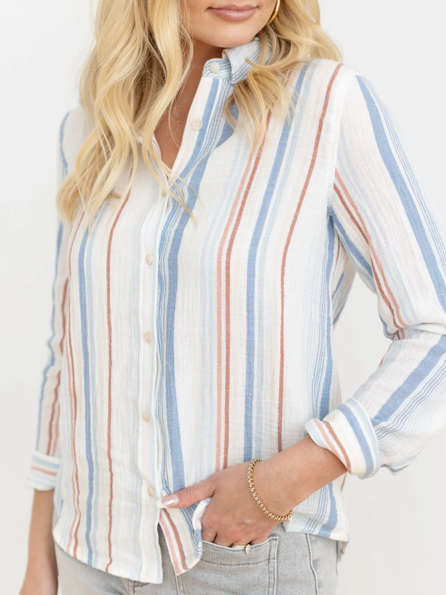 Striped Gauzy Button Up Top