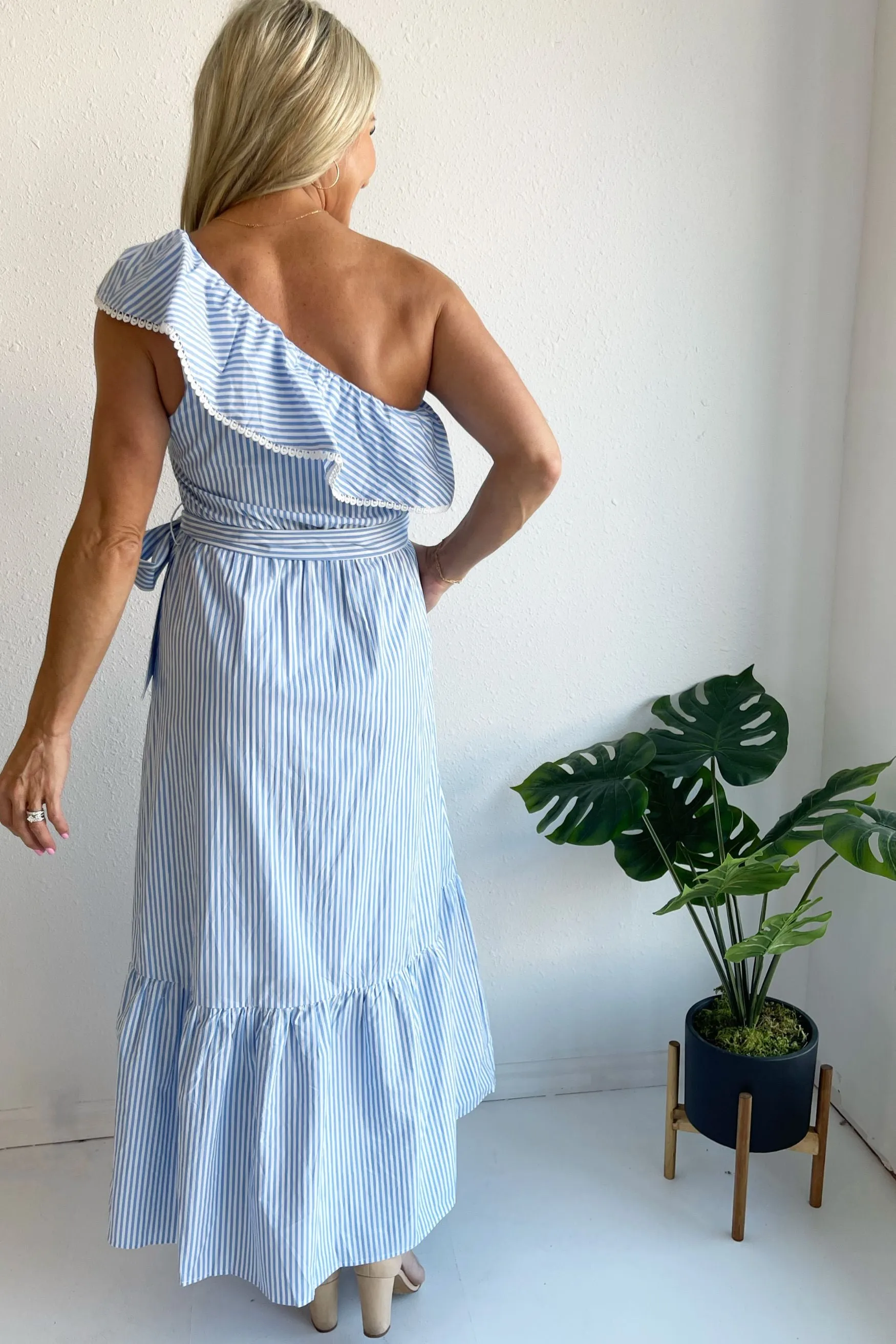 Striped One Shoulder Ruffle Dress