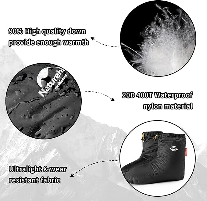 Tentock Ultralight Winter Goose Down Booties Socks Slippers Warm Soft Cozy Water-Resistant for Camping Backpacking Indoor Down Filled Slipper Boots with Storage Bag