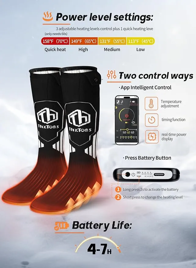 ThxToms Heated Socks for Men Women with App Control, 5000mAh Rechargeable Battery Electric Heating Socks,Upgraded Washable Foot Warmer for Arthritis Ice Fishing Skiing Hunting