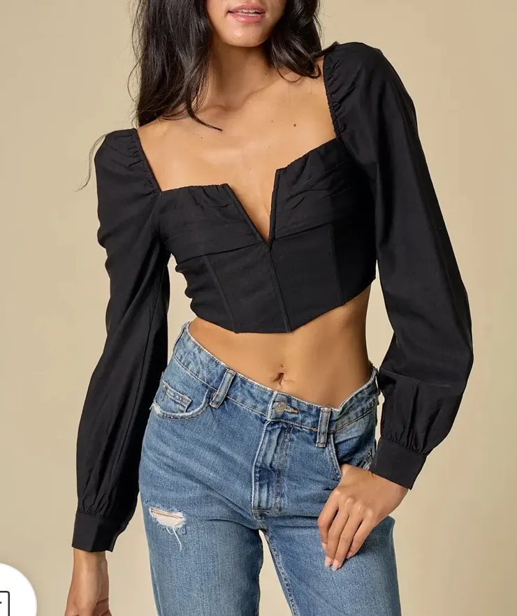 V Wire Strappy Puffy Sleeve Crop Top