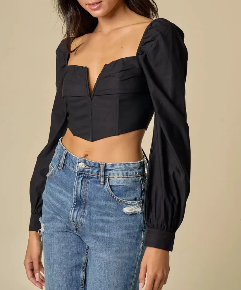 V Wire Strappy Puffy Sleeve Crop Top