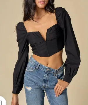 V Wire Strappy Puffy Sleeve Crop Top