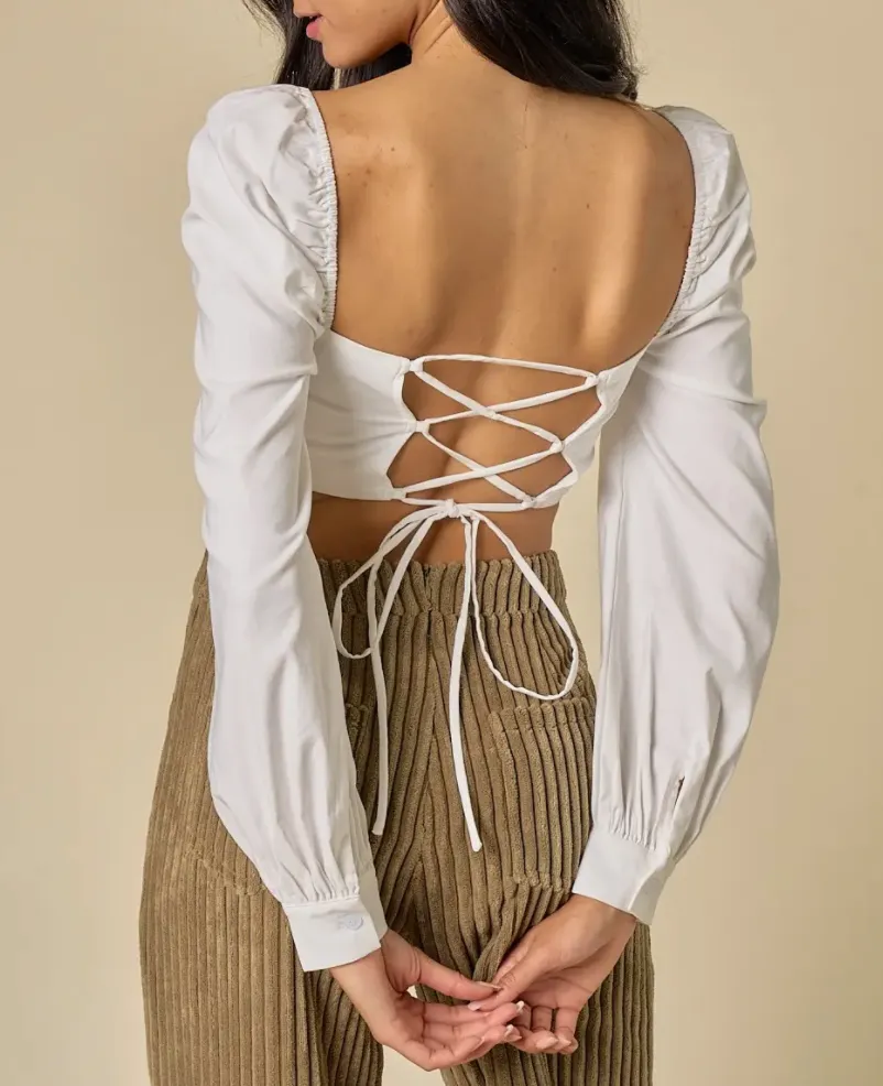 V Wire Strappy Puffy Sleeve Crop Top