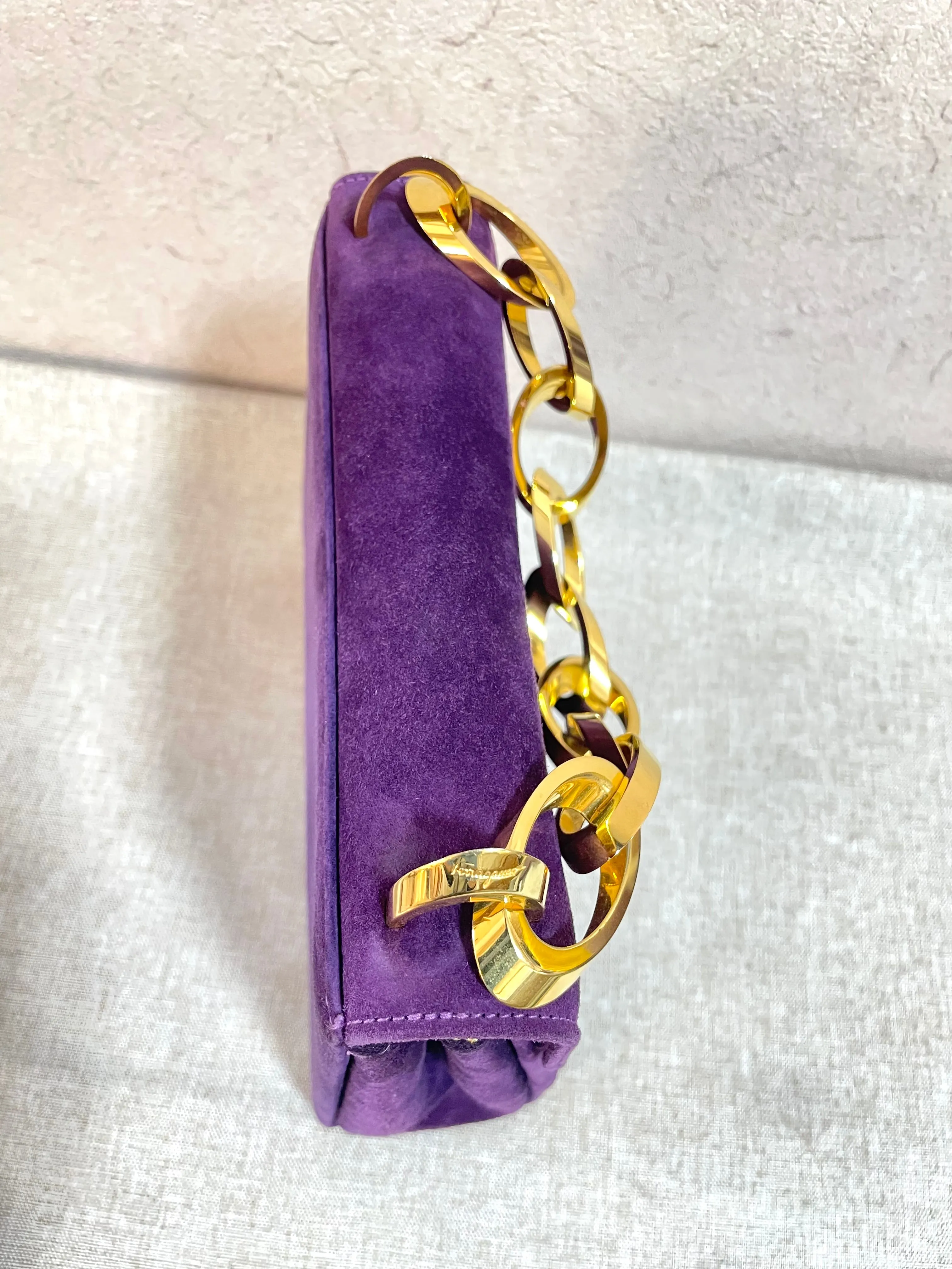 Vintage Salvatore Ferragamo purple suede leather party purse with golden large chain handle. 061217ac1
