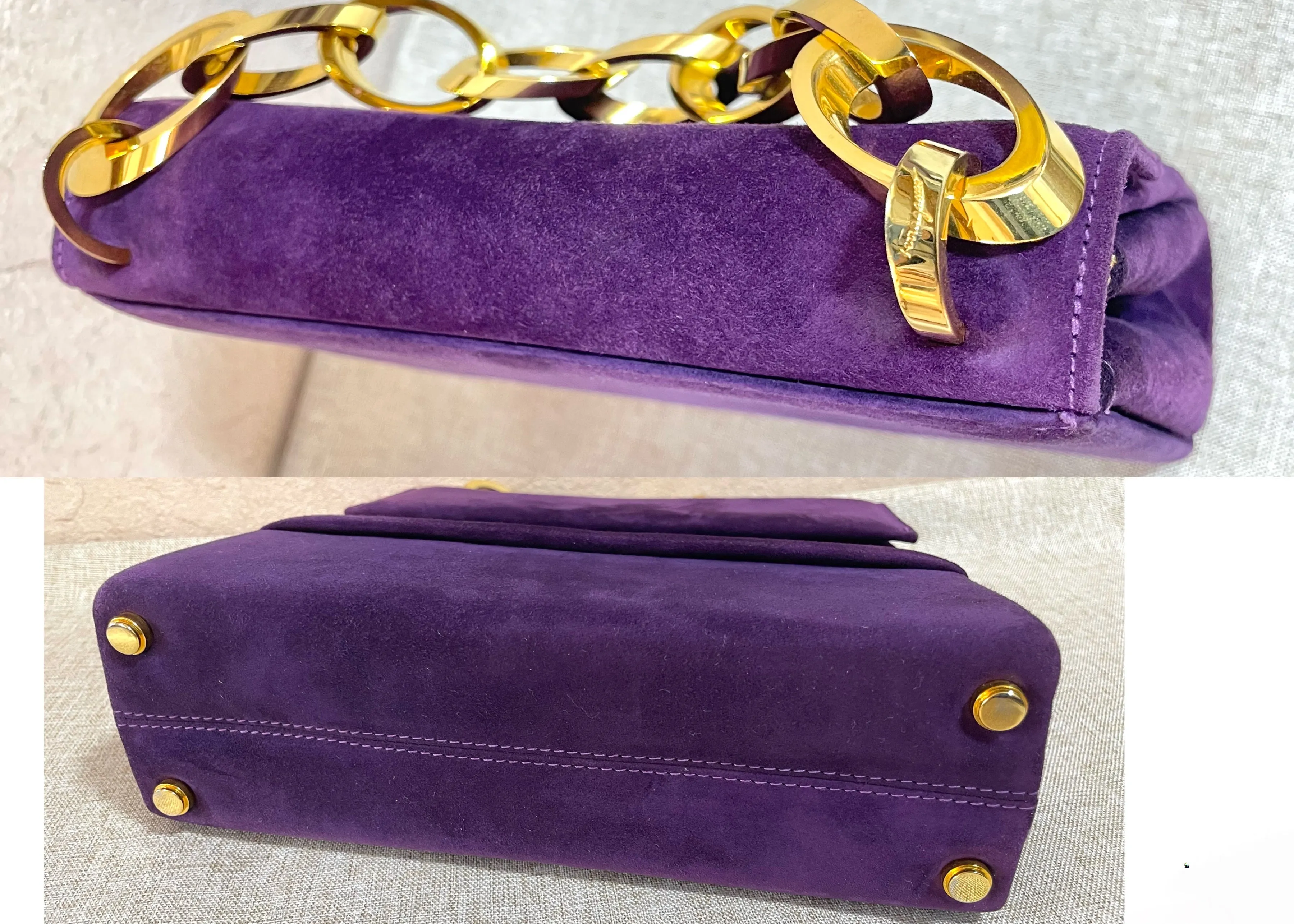 Vintage Salvatore Ferragamo purple suede leather party purse with golden large chain handle. 061217ac1