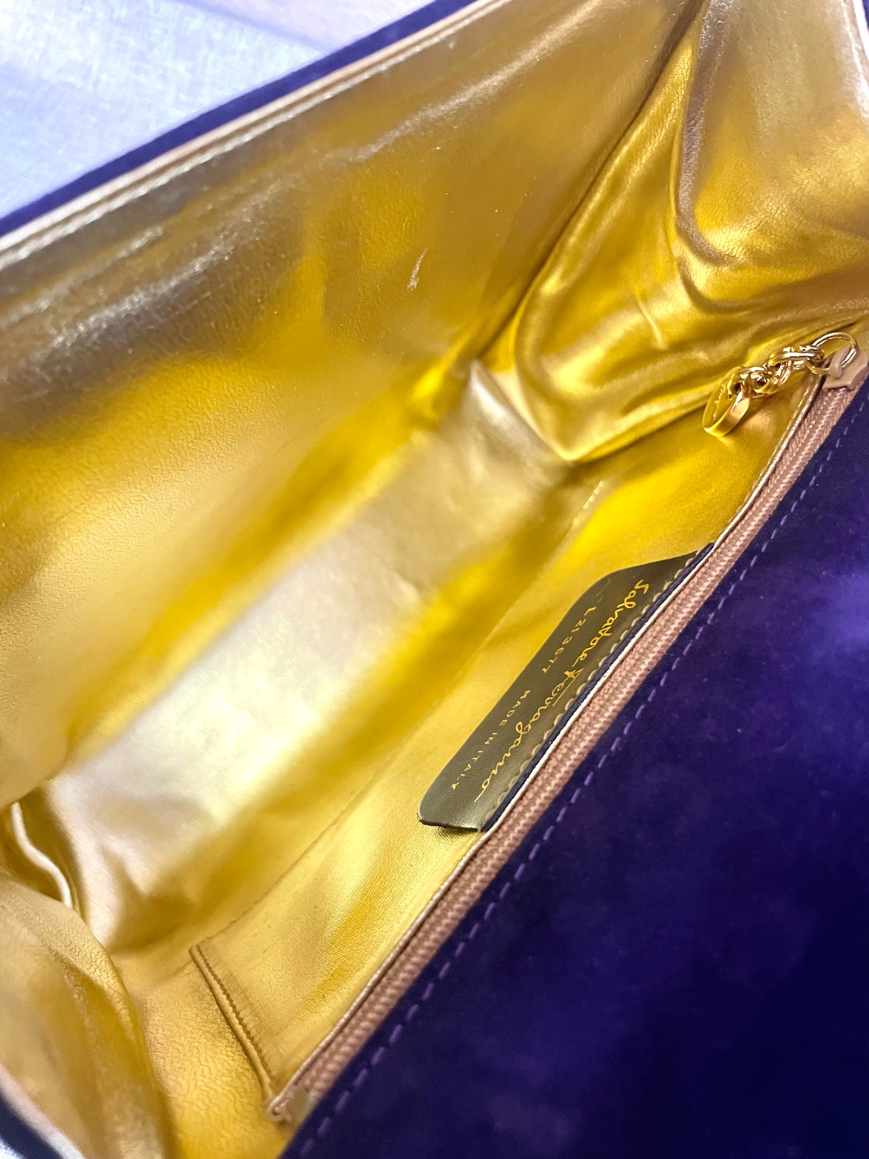 Vintage Salvatore Ferragamo purple suede leather party purse with golden large chain handle. 061217ac1