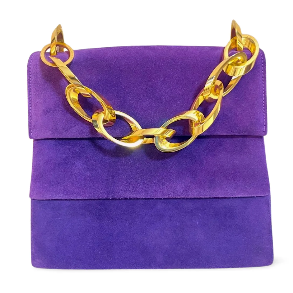 Vintage Salvatore Ferragamo purple suede leather party purse with golden large chain handle. 061217ac1