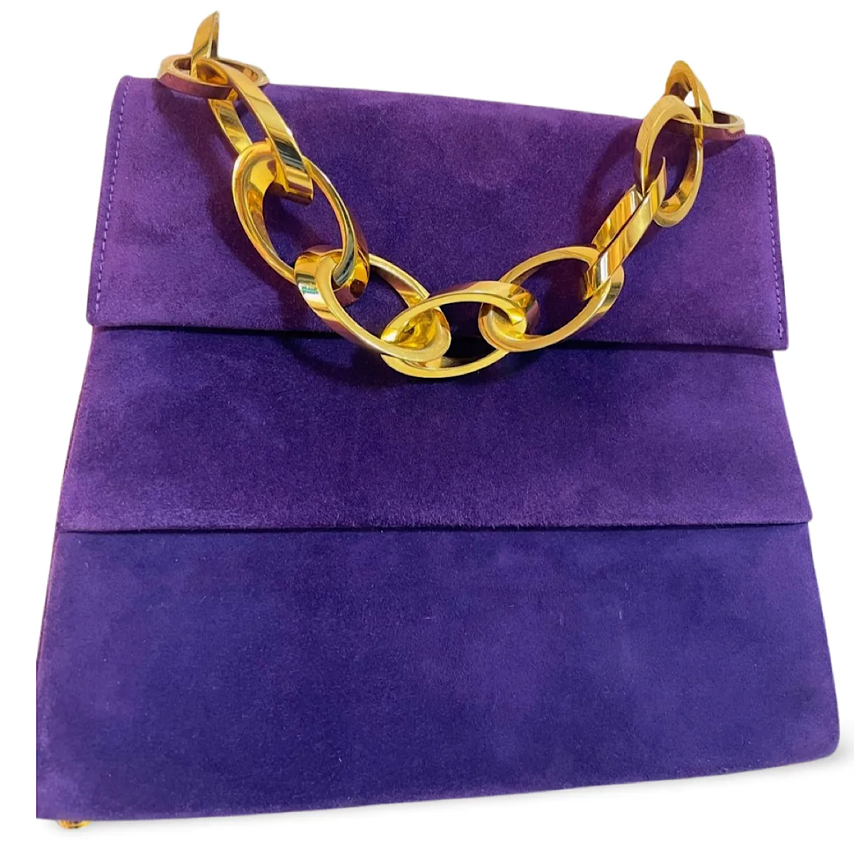 Vintage Salvatore Ferragamo purple suede leather party purse with golden large chain handle. 061217ac1