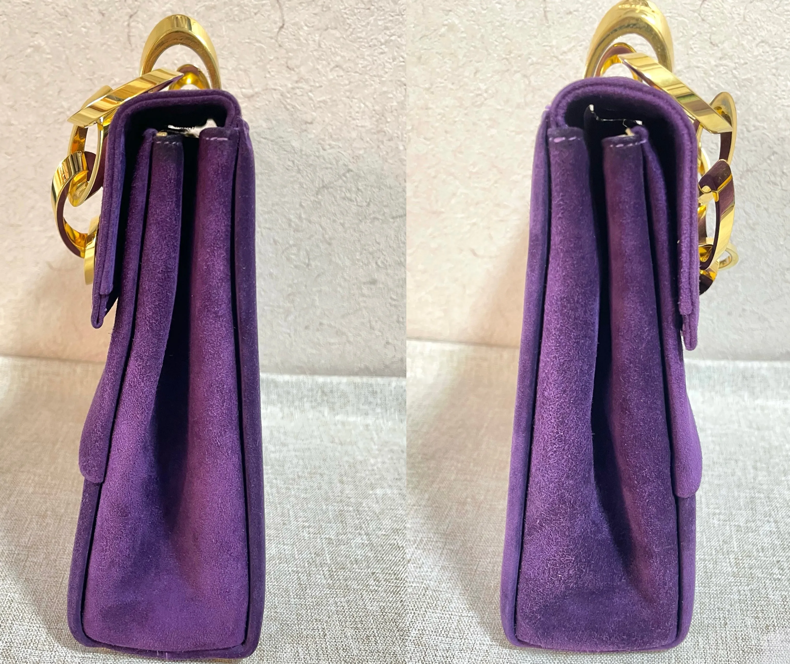 Vintage Salvatore Ferragamo purple suede leather party purse with golden large chain handle. 061217ac1