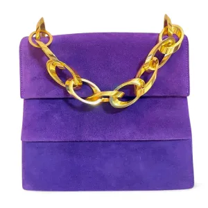 Vintage Salvatore Ferragamo purple suede leather party purse with golden large chain handle. 061217ac1