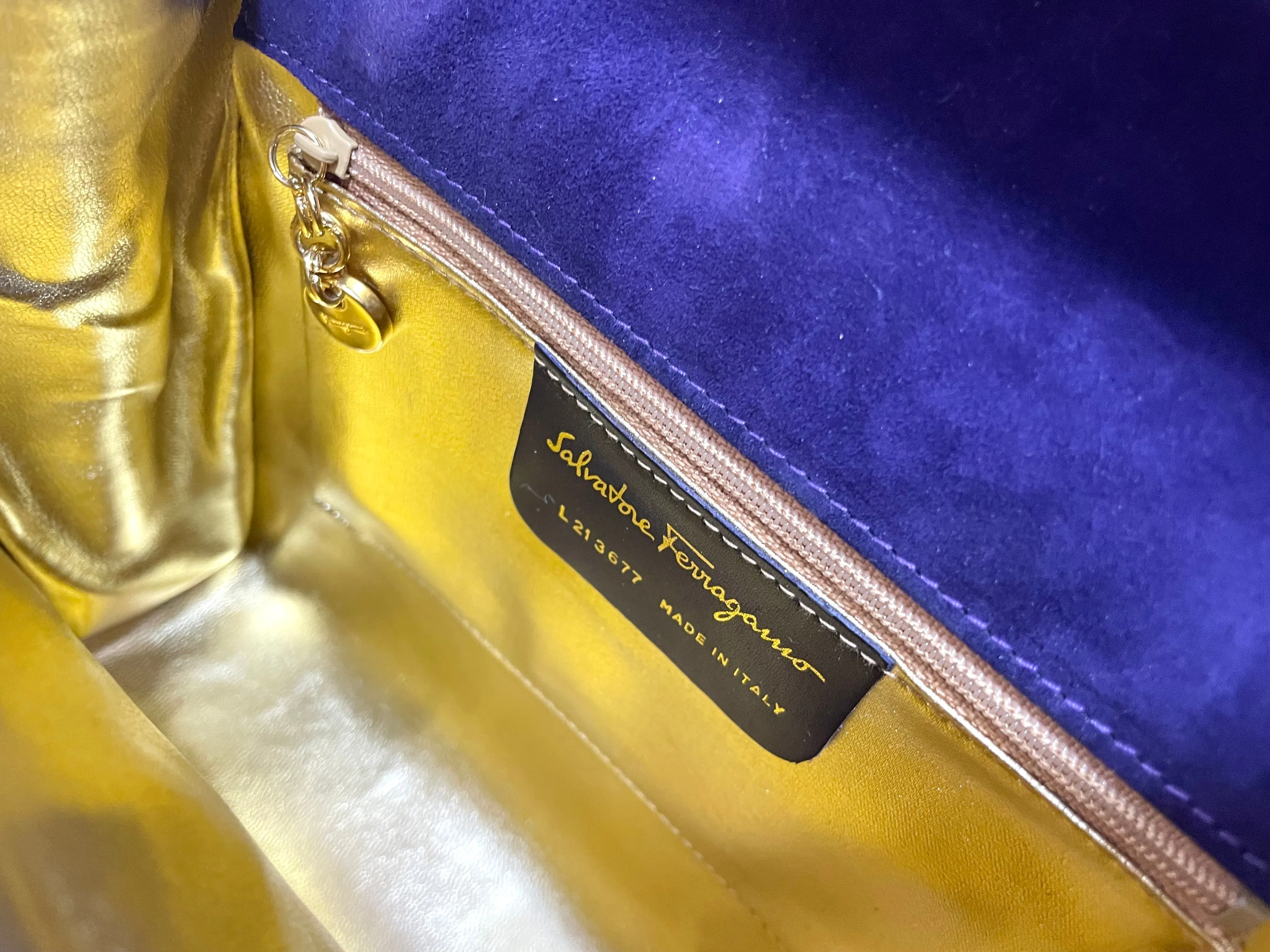 Vintage Salvatore Ferragamo purple suede leather party purse with golden large chain handle. 061217ac1
