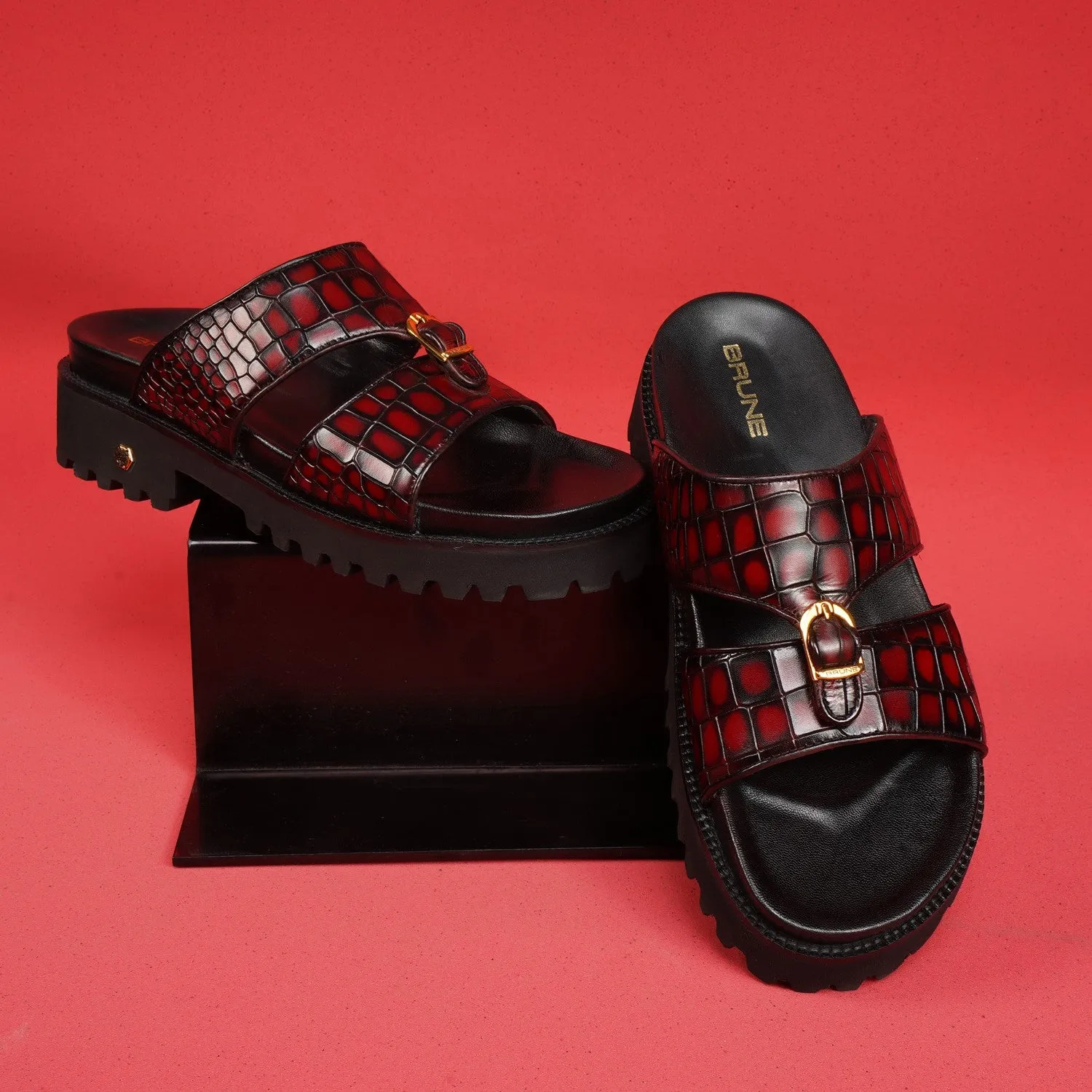 Wine Deep Cut Croco Super Chunky Slide-in Slippers