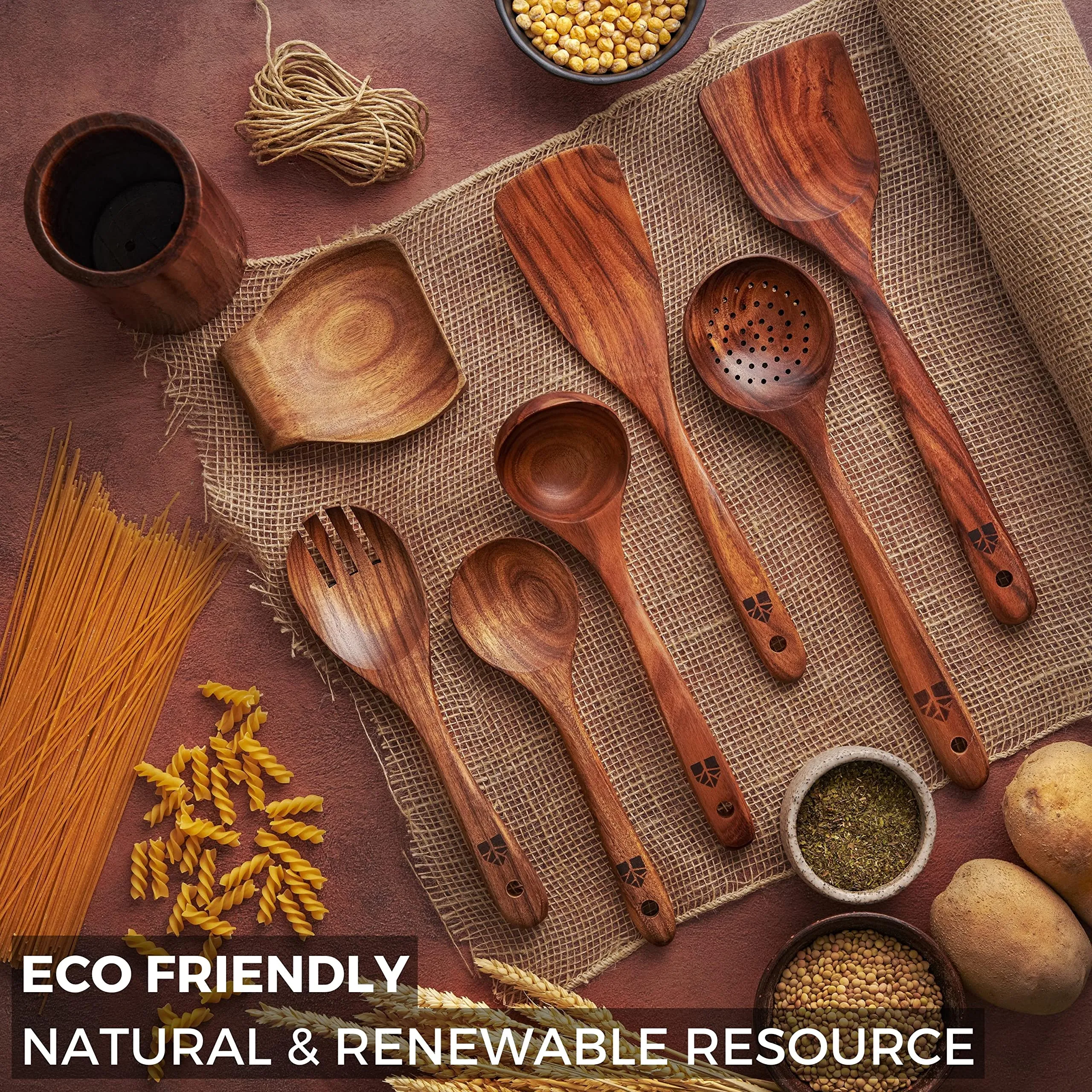Wooden Spoons for Cooking – Wooden Utensils for Cooking Set with Holder, Spoon Rest & Hooks, Teak Wood Nonstick Kitchen Cookware – Durable Set of 8pcs