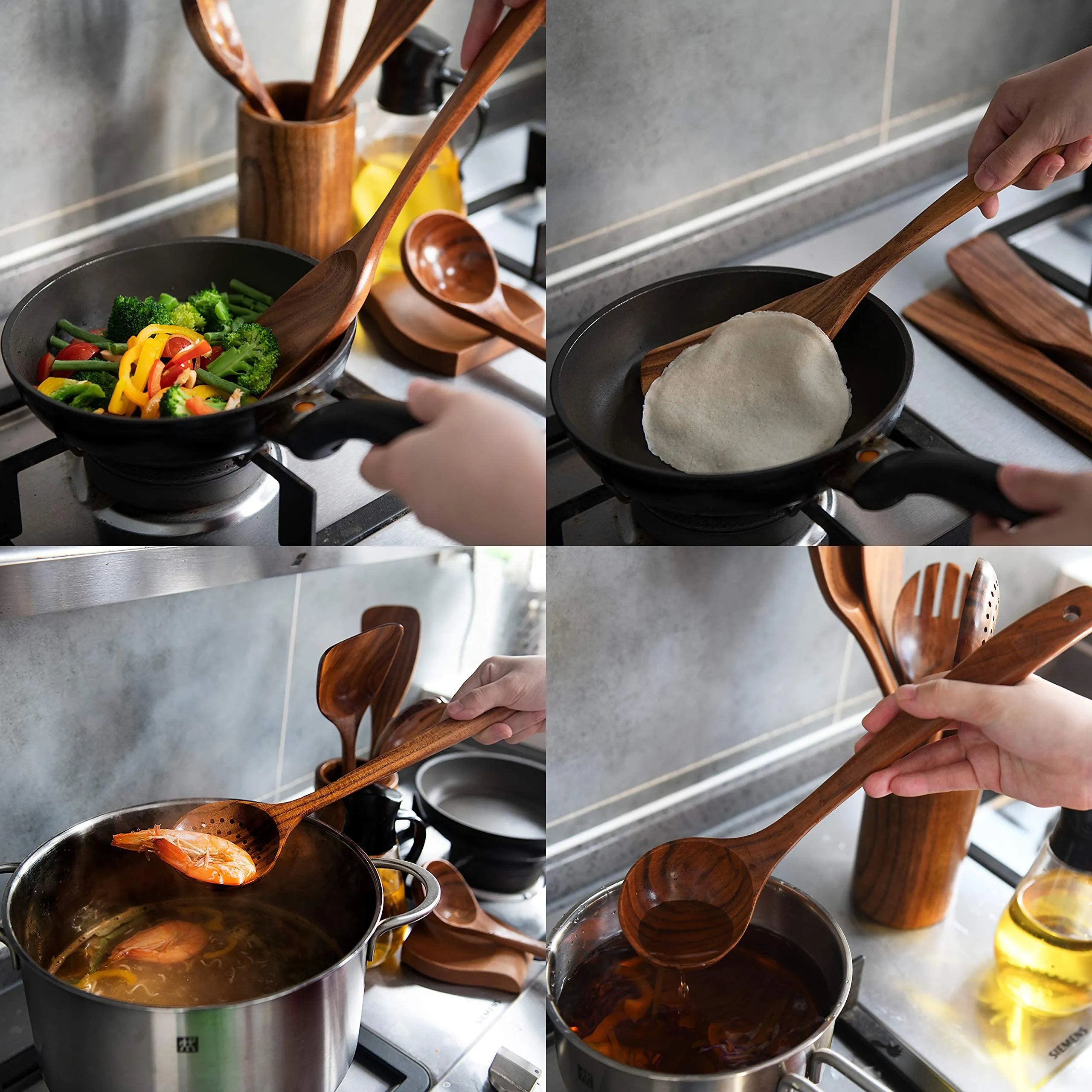 Wooden Spoons for Cooking – Wooden Utensils for Cooking Set with Holder, Spoon Rest & Hooks, Teak Wood Nonstick Kitchen Cookware – Durable Set of 8pcs