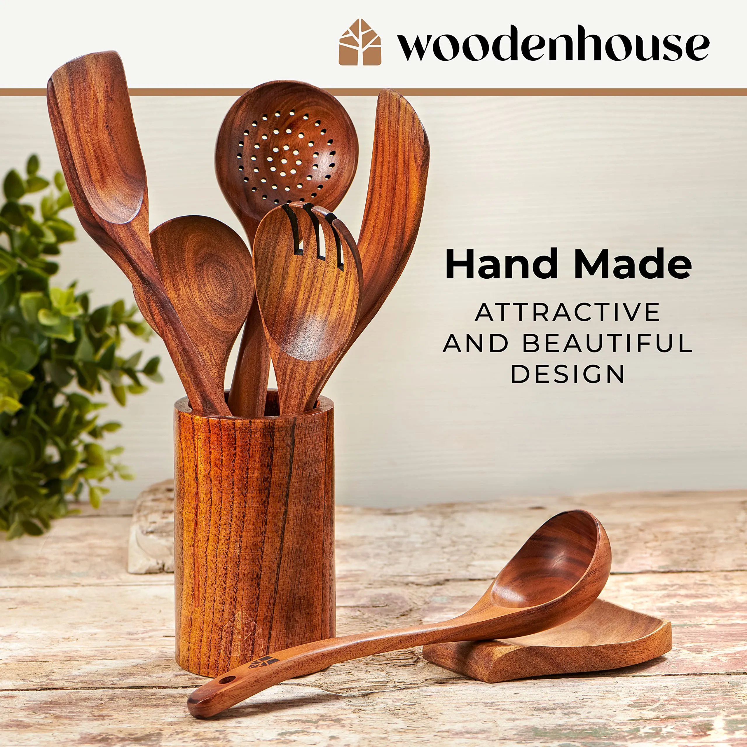 Wooden Spoons for Cooking – Wooden Utensils for Cooking Set with Holder, Spoon Rest & Hooks, Teak Wood Nonstick Kitchen Cookware – Durable Set of 8pcs