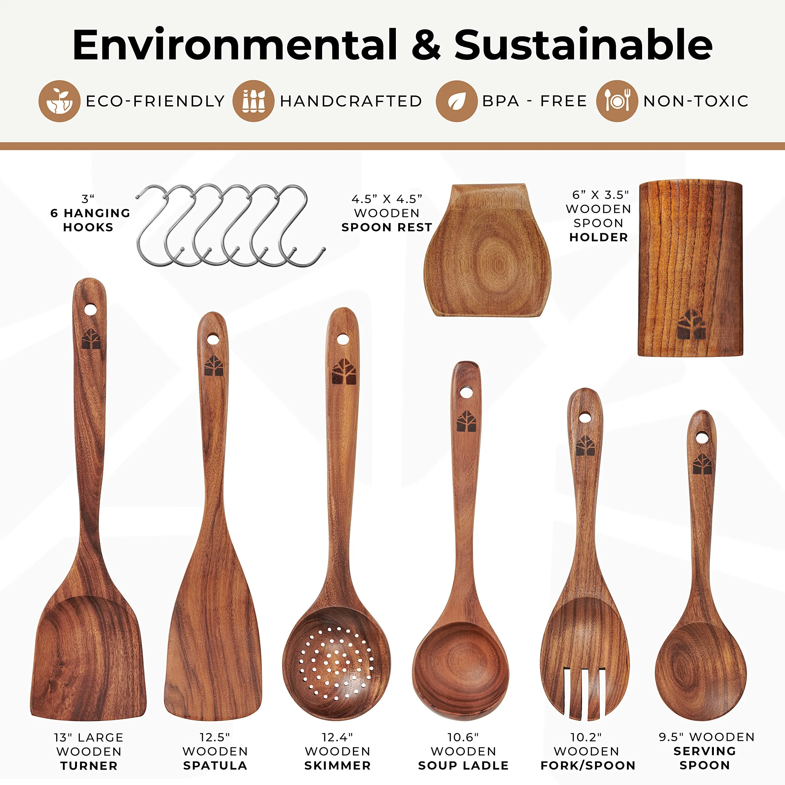 Wooden Spoons for Cooking – Wooden Utensils for Cooking Set with Holder, Spoon Rest & Hooks, Teak Wood Nonstick Kitchen Cookware – Durable Set of 8pcs
