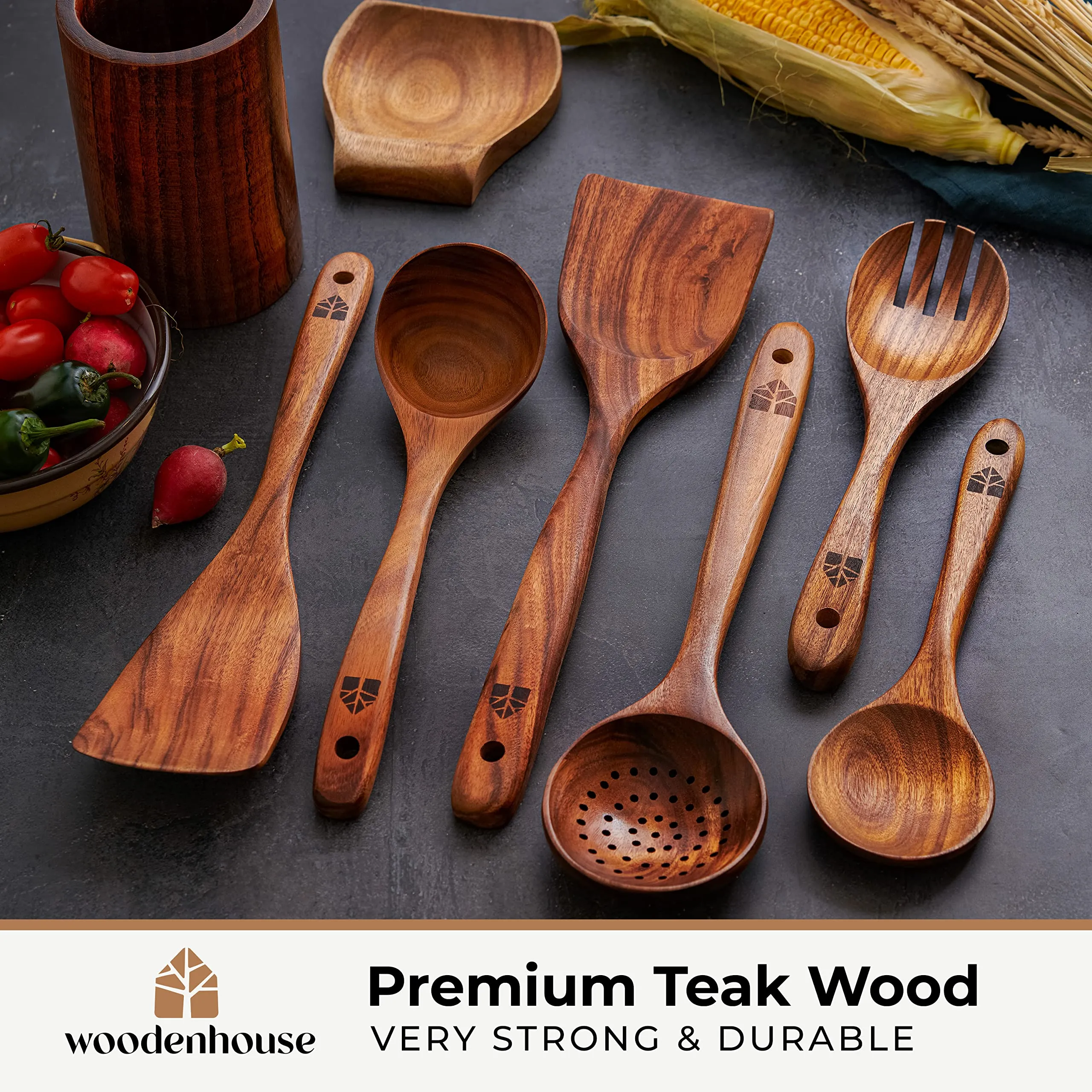 Wooden Spoons for Cooking – Wooden Utensils for Cooking Set with Holder, Spoon Rest & Hooks, Teak Wood Nonstick Kitchen Cookware – Durable Set of 8pcs