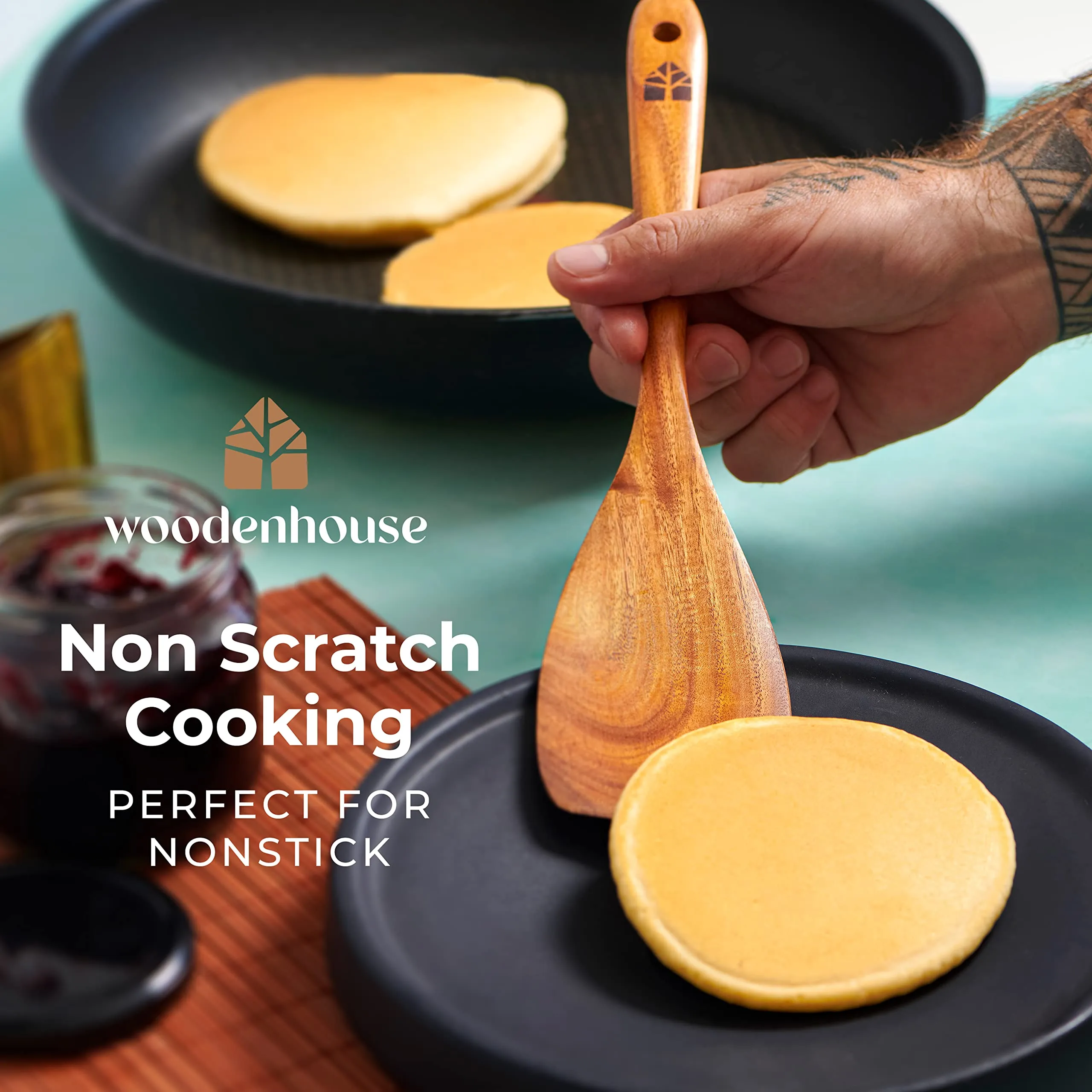 Wooden Spoons for Cooking – Wooden Utensils for Cooking Set with Holder, Spoon Rest & Hooks, Teak Wood Nonstick Kitchen Cookware – Durable Set of 8pcs