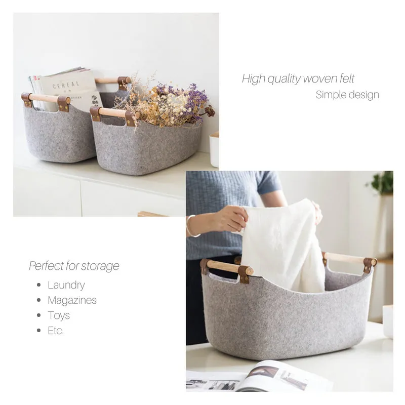 Woven Felt Basket with Wooden Handles
