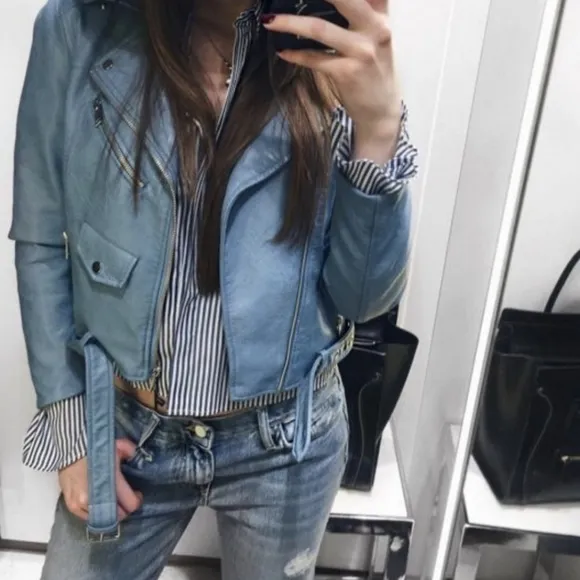 Zara Blue Biker Leather Jacket