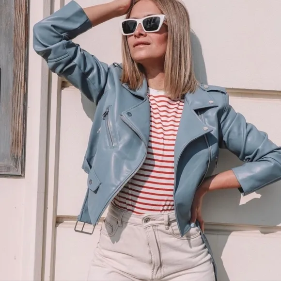 Zara Blue Biker Leather Jacket